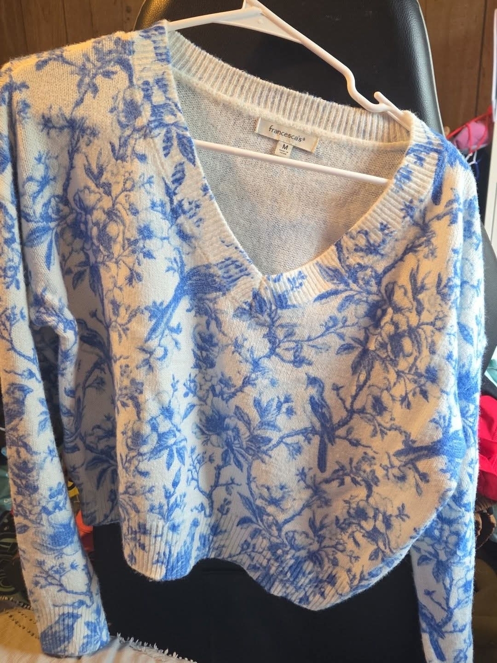 Francesca's Collections Cream and Blue Floral V-Neck Knit Sweater